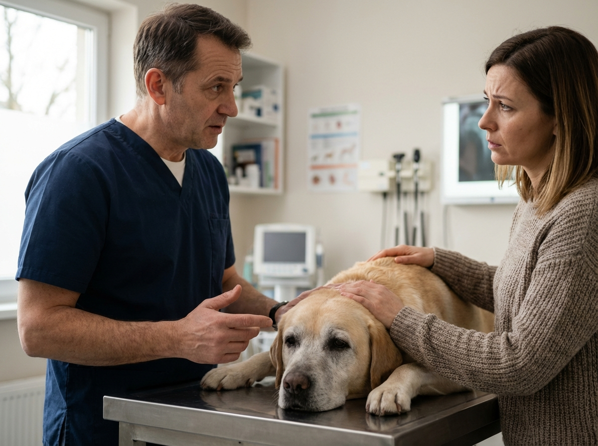 Veterinarian discussing a senior dog's care with its owner