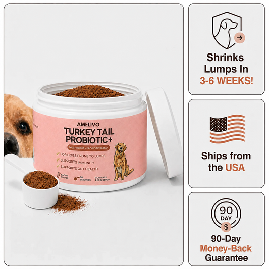 AMELIVO Turkey Tail Probiotic+ jar with scoop, USA shipping and 90-day guarantee